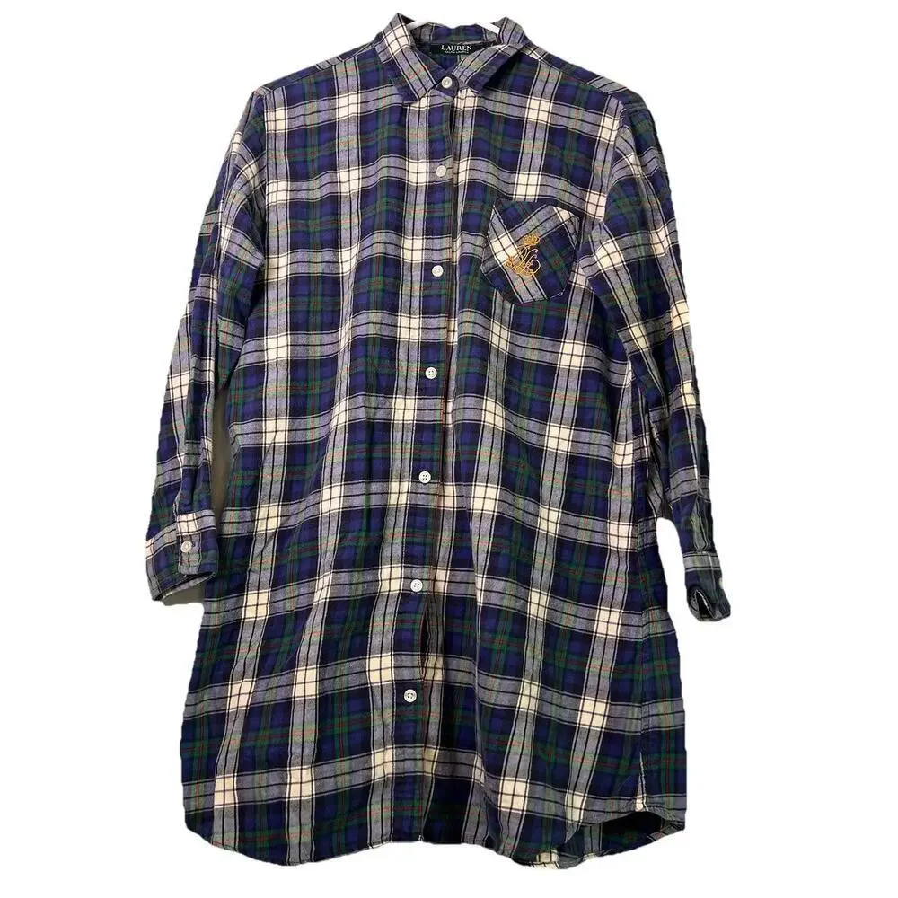 Lauren Ralph Lauren Sleepshirt Plaid Flannel Gold Crest Nightgown Preppy Sz M
